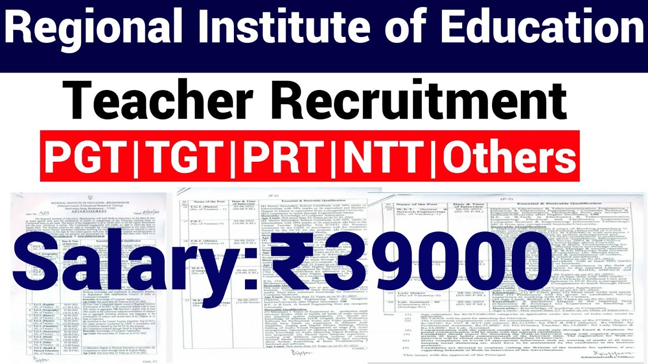 RIE TEACHERS VACANCY 2022 II ALL SUBJECTS II PGT TGT PRT NTT & OTHER POSTS II SALARY 39000 Rs pm I