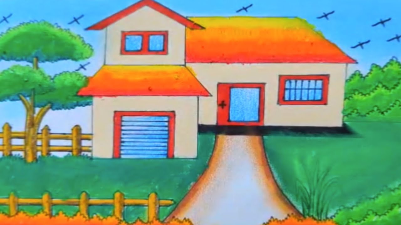 How to Draw Beautiful House Drawing Easy Step by Step | Village Scenery Drawing with Oil Pastel