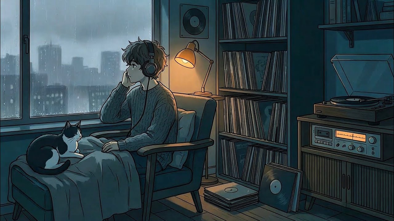 Midnight Apartment 🌙 Soft Rain & Lullaby Piano with a Sleeping Cat