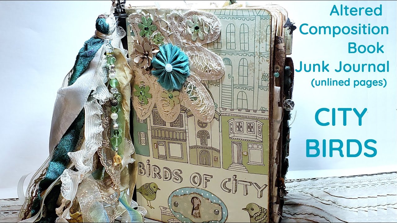 [SOLD] Altered Composition Book Junk Journal Kicked WAY Up - CITY BIRDS - Blank Pages - Flip Through