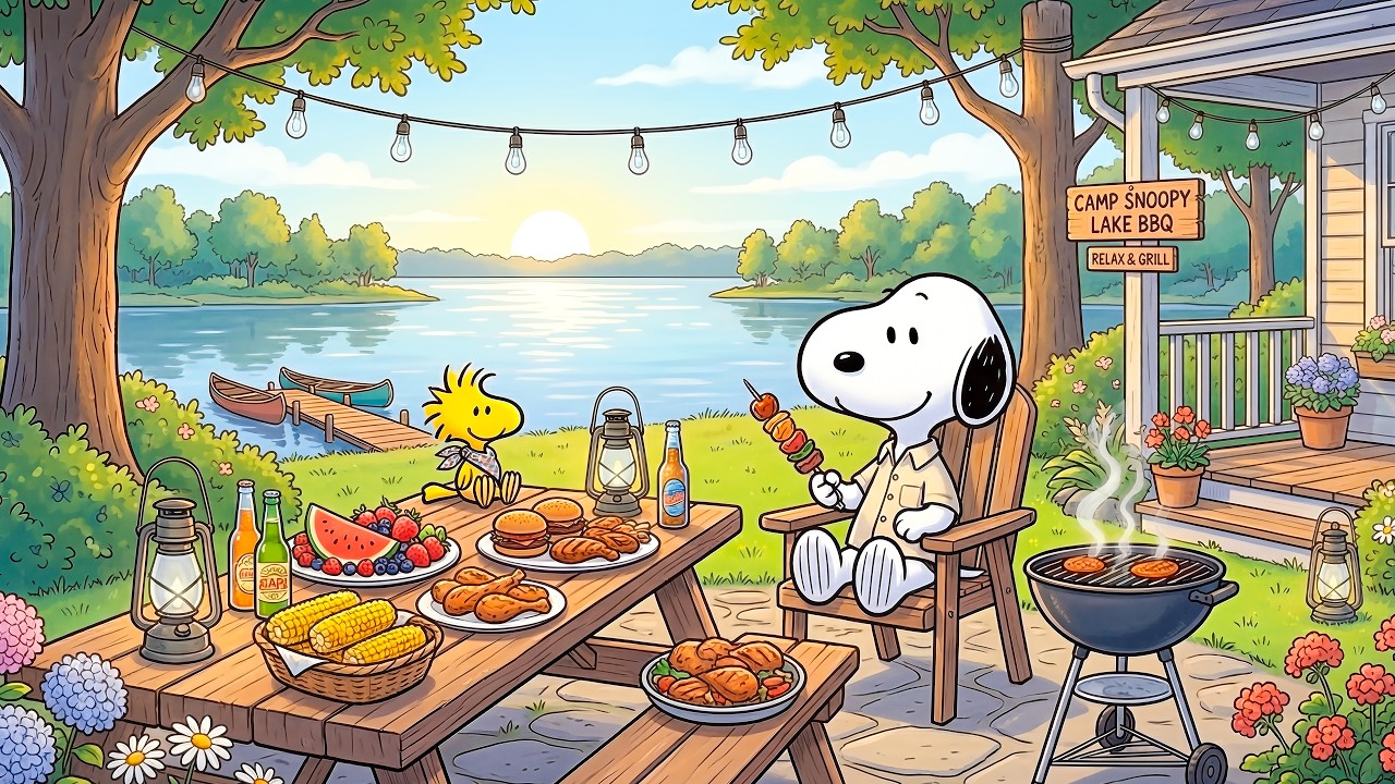 Cozy Lake BBQ with Snoopy & Woodstock 🎷🌲 Smooth Jazz for Summer & Good Times