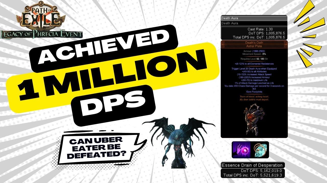 [PoE Phrecia] Death's Oath Aura Bog Shamam Reaches 1 Million DPS vs Uber Eater feat. Essence Drain