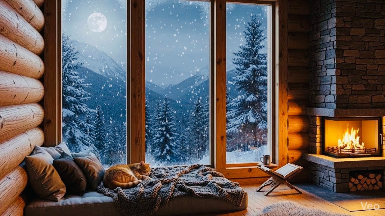 Cozy Winter Alpine Cabin Ambience❄️🐱 | Animated Cat | Wind & Crackling Fire | No Music ASMR