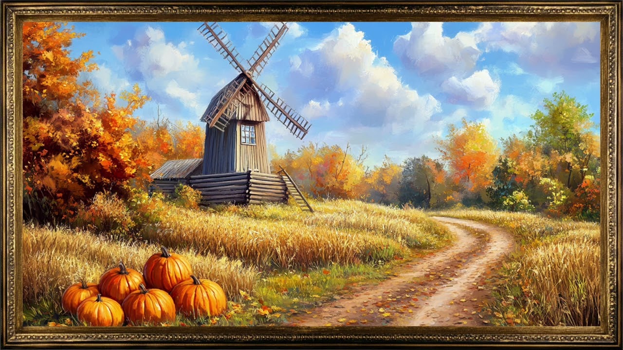 Fall TV Art 🍂 Autumn Windmill & Pumpkins | Cozy Rustic Frame TV Art