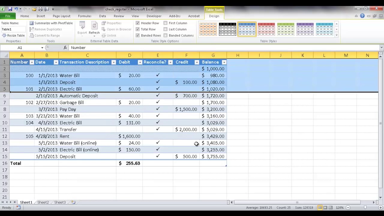 Create a Checkbook Register in Excel