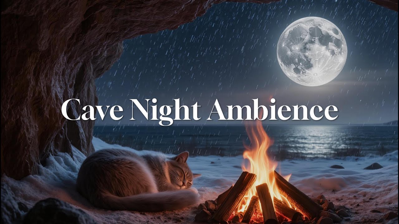 🐈Peaceful Cat Sleeping by Fire🔥Moonlight Cave🌙