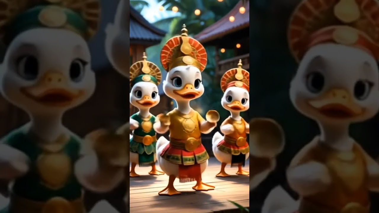Three ducks dressed in traditional Minangkabau attire are performing the Tari Piring (Plate Dance).