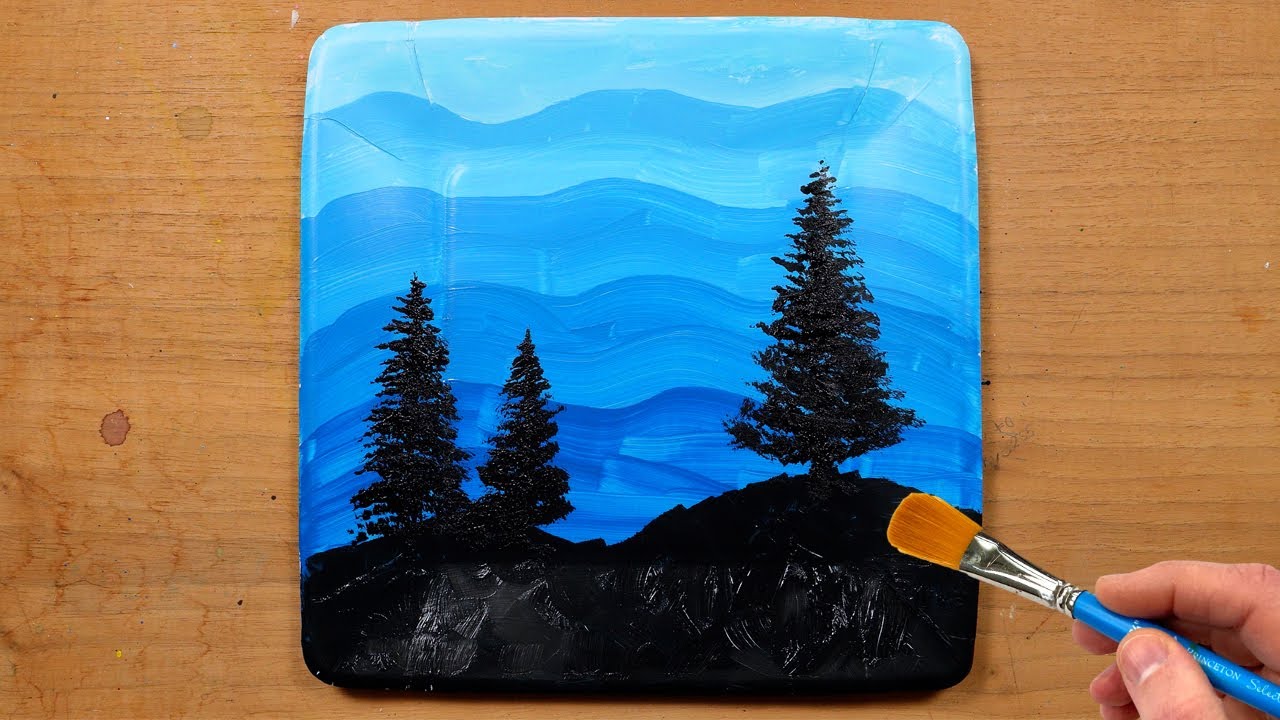 How to Paint Blue Landscape Acrylic Painting on Paper Plate Step by Step｜Satisfying Art ASMR