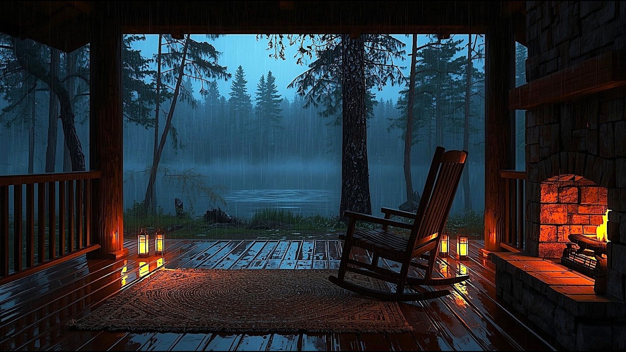 Rainy Night by the Cozy Cabin Porch🌧️🔥 | Lake Rain Sounds for Deep Sleep & Relaxation (4 Hours)