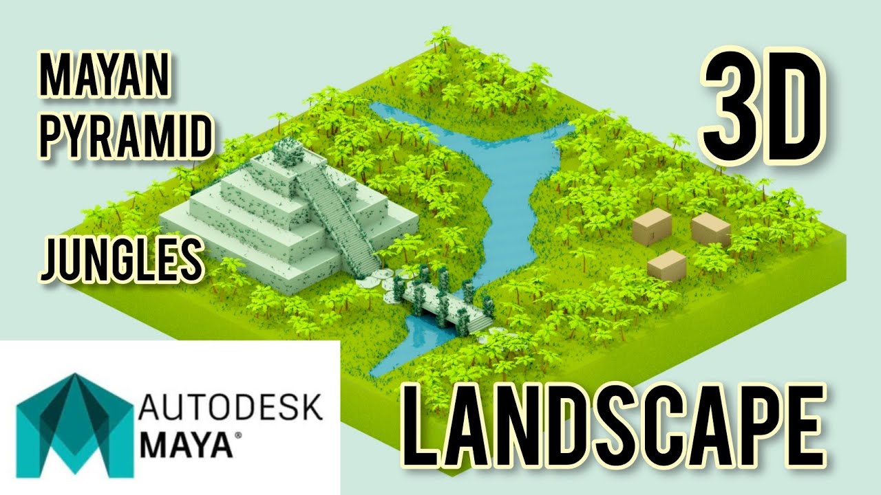 Mayan Pyramid, jungles. Landscape 3d modeling. MASH (Autodesk Maya tutorial)