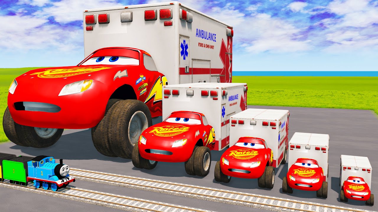 Big & Small Long Ambulance Mcqueen with Monster Truck wheels - Slide Color vs Stairs | BeamNG.Drive