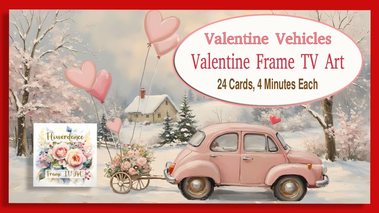 Vintage Vehicles Valentine's Day Frame TV Art, 24 Cards, Text, Screen Saver, Background, 1.5 hrs, 4K