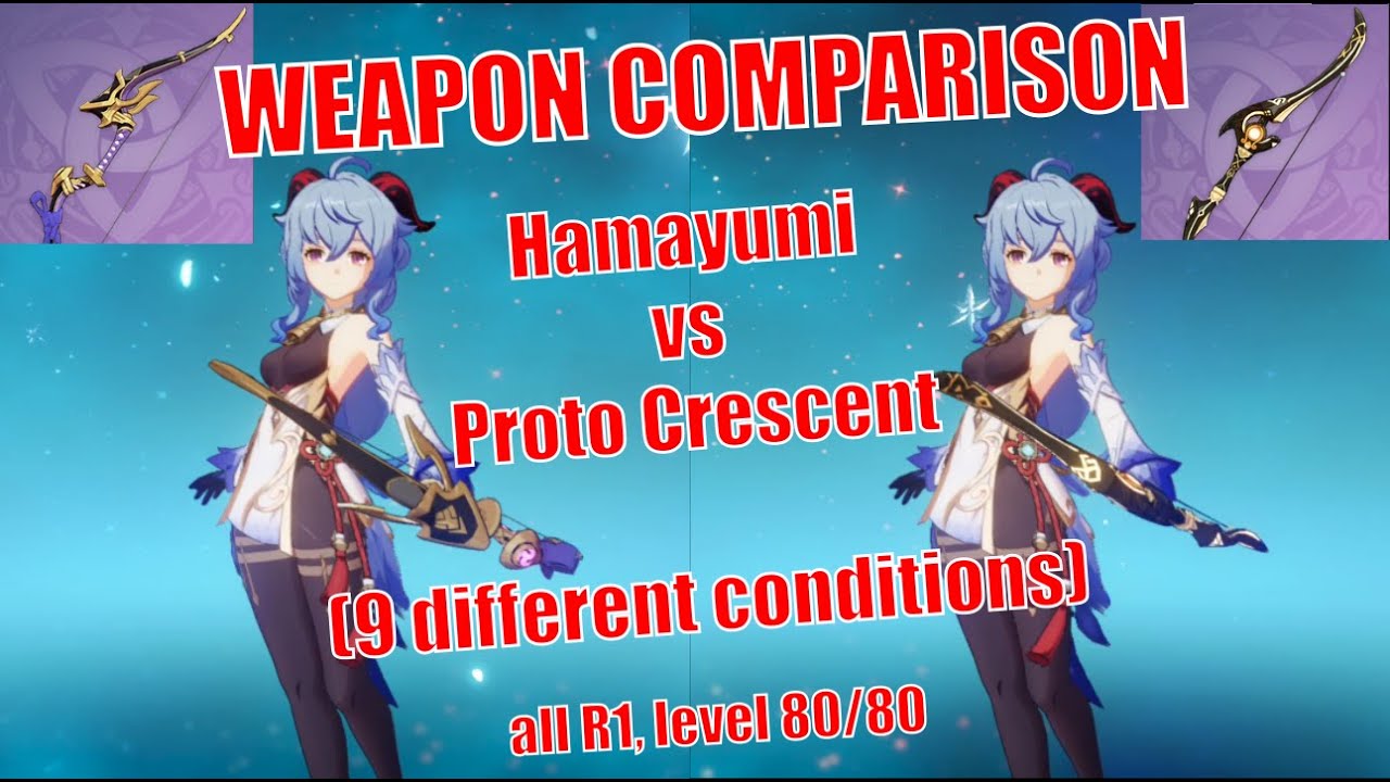 Ganyu Hamayumi vs Prototype Crescent. Weapon damage comparison in 9 different conditions.