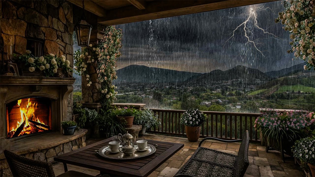 Spring Evening STORMY on the Balcony – Distant Thunder & Cozy Fireplace Ambience 🌧️RAIN SLEEP ASMR