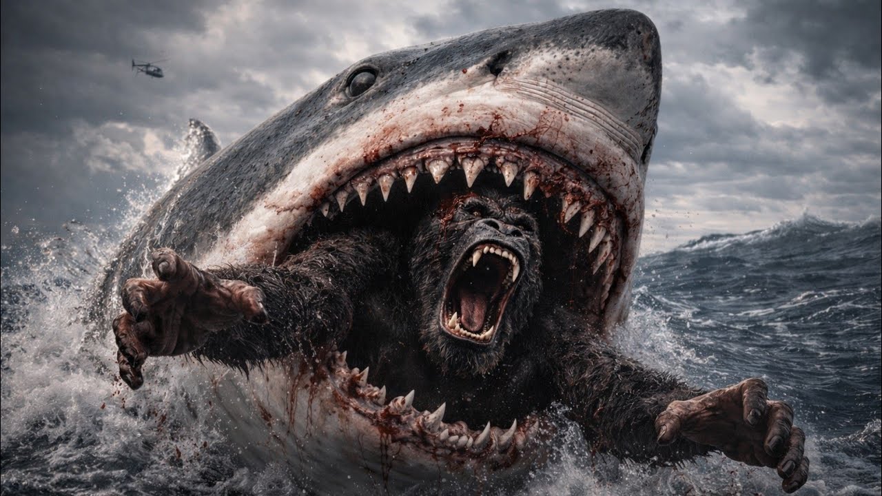 Kong and Godzilla Stand After the Fall of the Giant Metal-Eating Shark