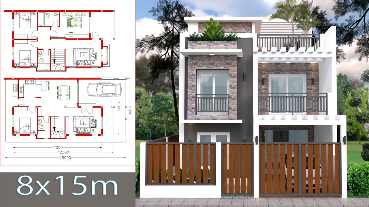 Home Design Plan 7x11m Plot 8x15 with 4 Bedrooms sketchup exterior house plans