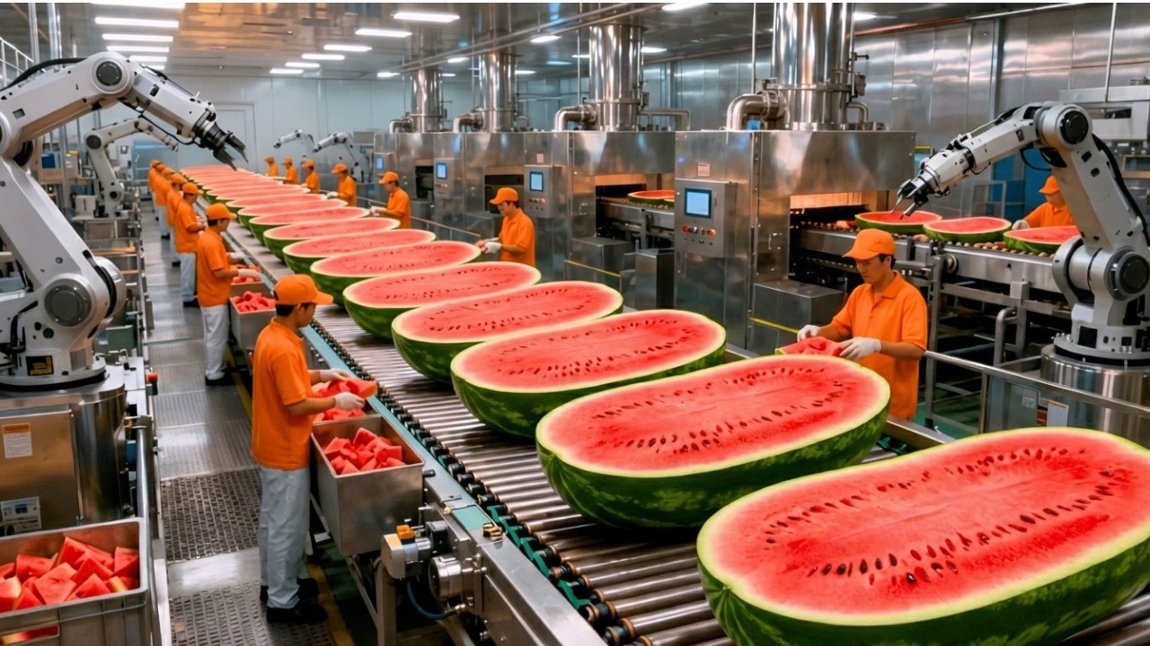 Inside a Modern Watermelon Processing Plant | From Whole Melons to Sweet Red Juice (Full Process)