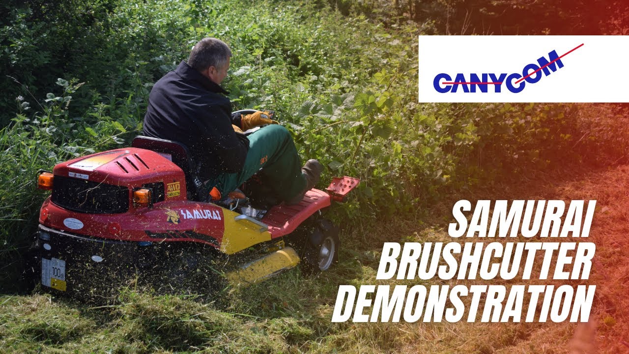 Canycom Samurai CMX227 Ride-on Brushcutter tackling overgrown conditions on challenging terrain