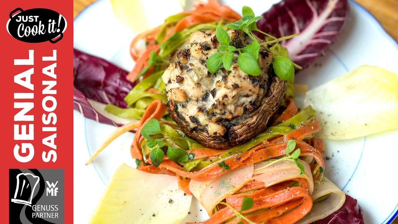 Gefüllte Riesenchampignons auf Schwarzwurzel-Nudelpfanne | Genial Saisonal