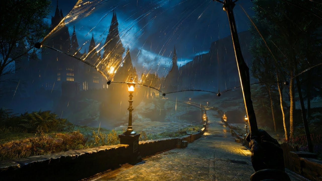 Stormy Night Walk to Hogwarts Castle (Umbrella Rain ASMR, All Hamlets & Hogsmeade)