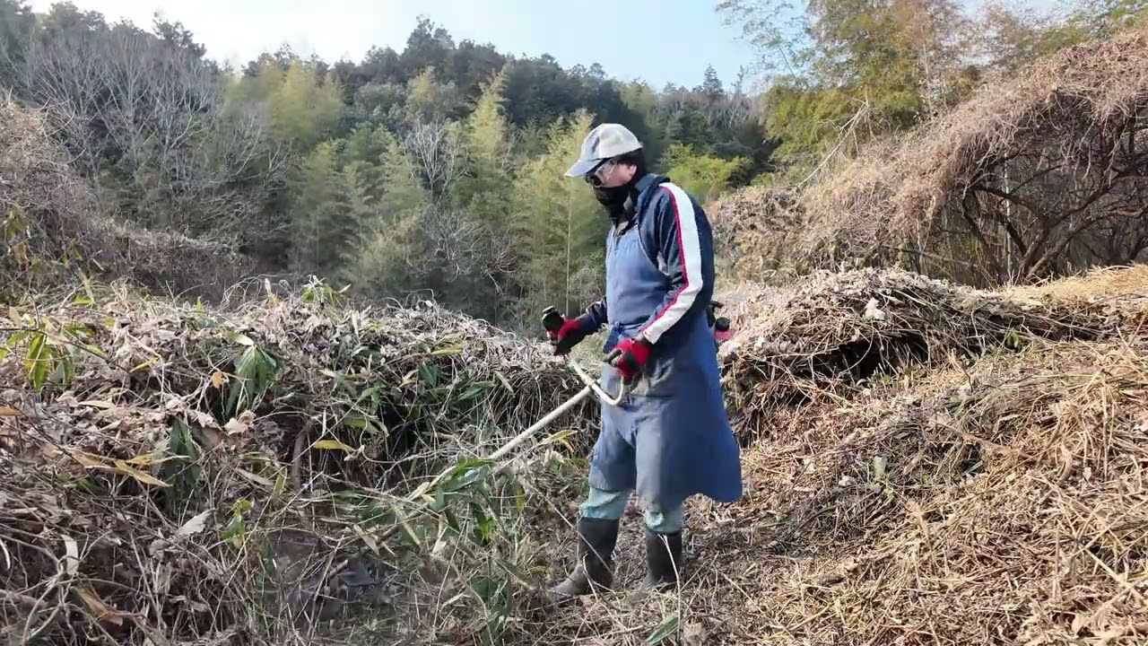 西の耕作放棄地（けもの道を法面まで到達）25㏄エンジン草刈り機、3枚刃、けもの道ができて刈りやすい場所を反対の法面まで刈っていく。