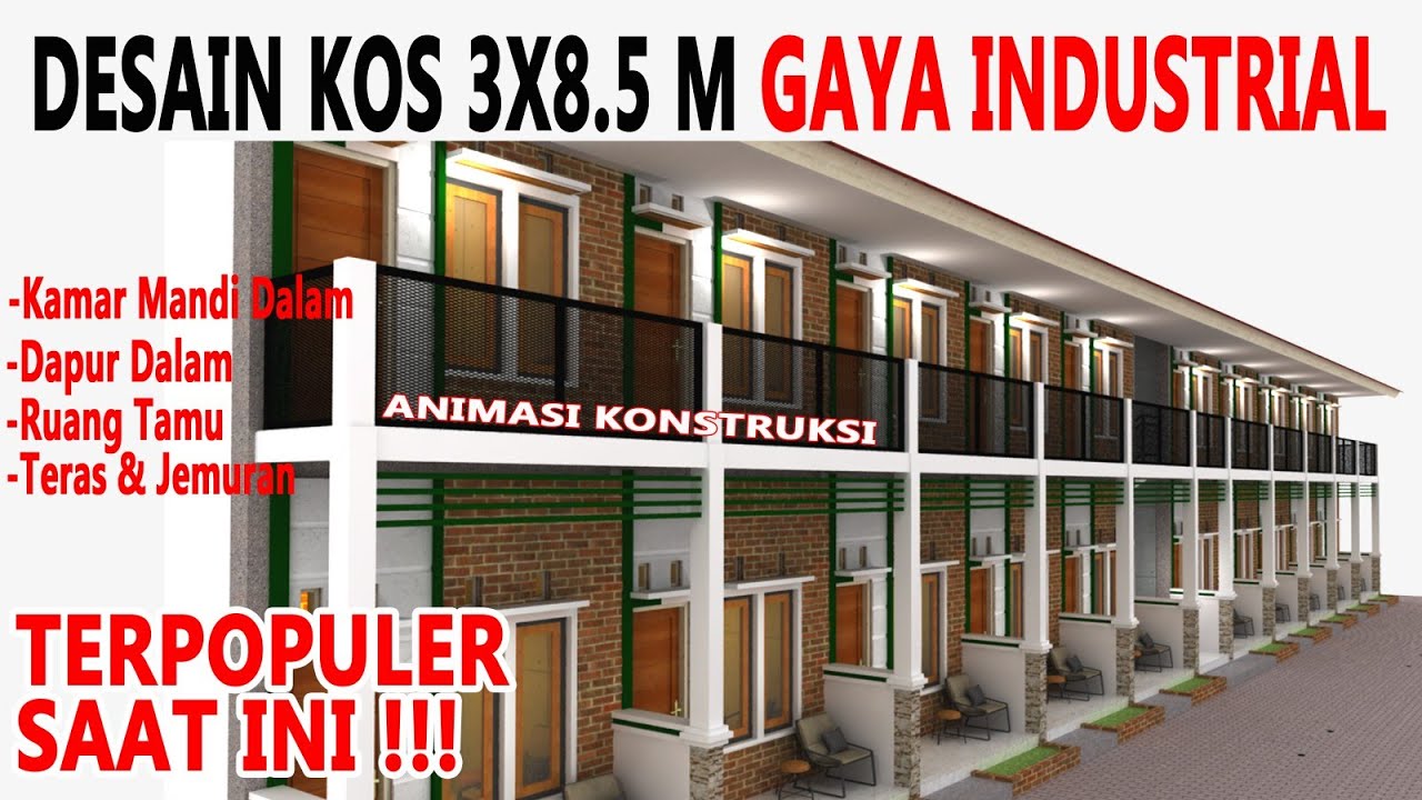 DESAIN KOS KOSAN 2 LANTAI 3X8.5 M INDUSTRIAL || Kamar Mandi Dalam, Dapur, Ruang Tamu & Jemuran