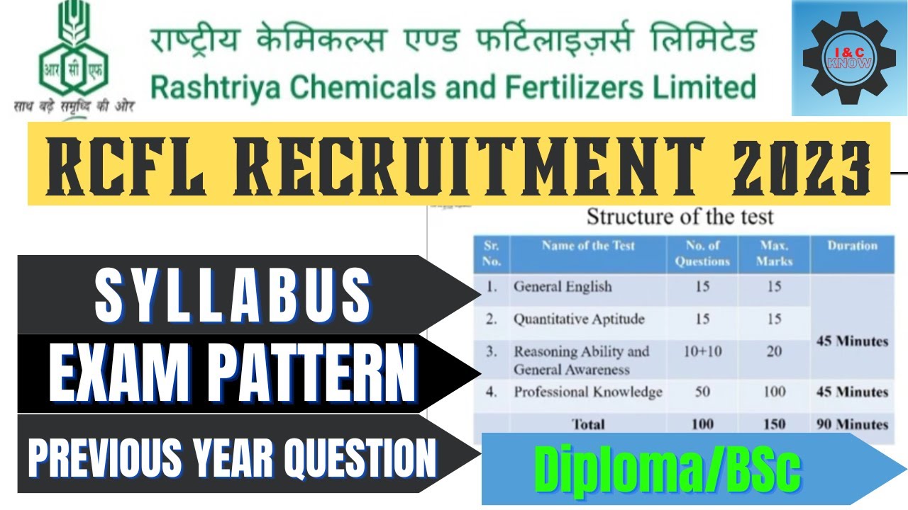 RCFL RECRUITMENT 2023 || RCFL Exam Pattern/RCFL Syllabus/ RCFL Previous year Question|| Diploma/BSc