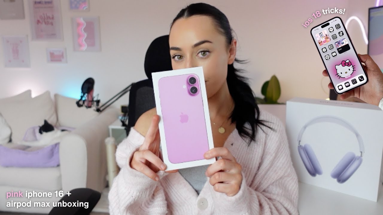 Распаковка розового iPhone 16 Plus и фиолетовых наушников AirPods Max | Настройка iOS 18