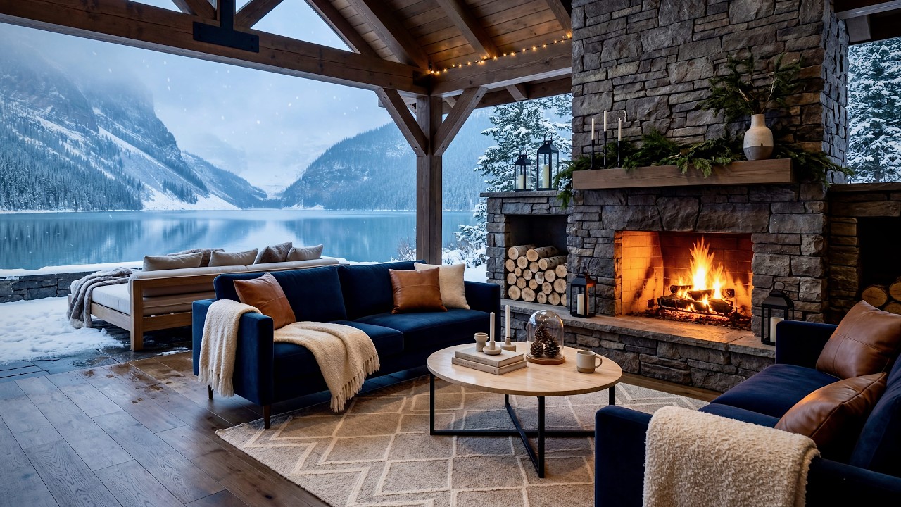 Cozy Winter ❄️ Lake Cabin Veranda Fireplace 🔥 + Soft Jazz for Focus & Relaxation