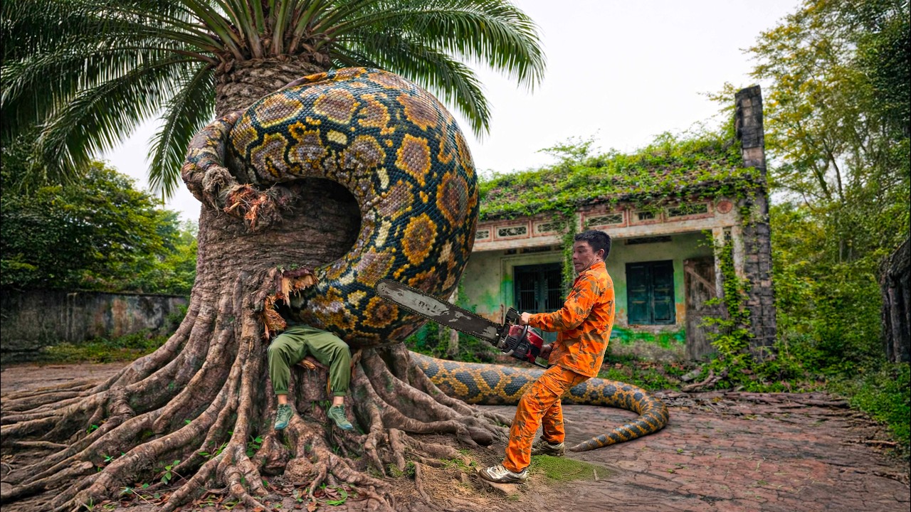 Giant reticulated python ambushes inside rotting tree trunk | Chainsaw Rescue Gone Wrong