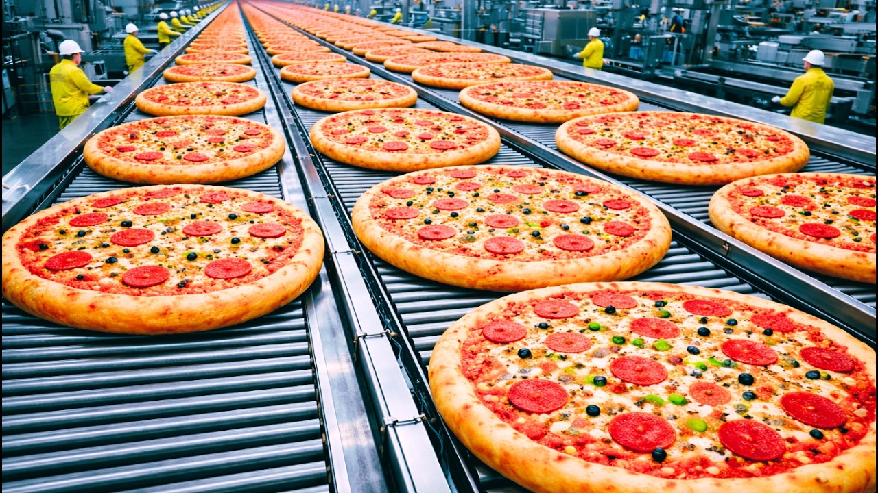 Inside a Large Factory: Showing How Frozen Pizza is Mass Produced
