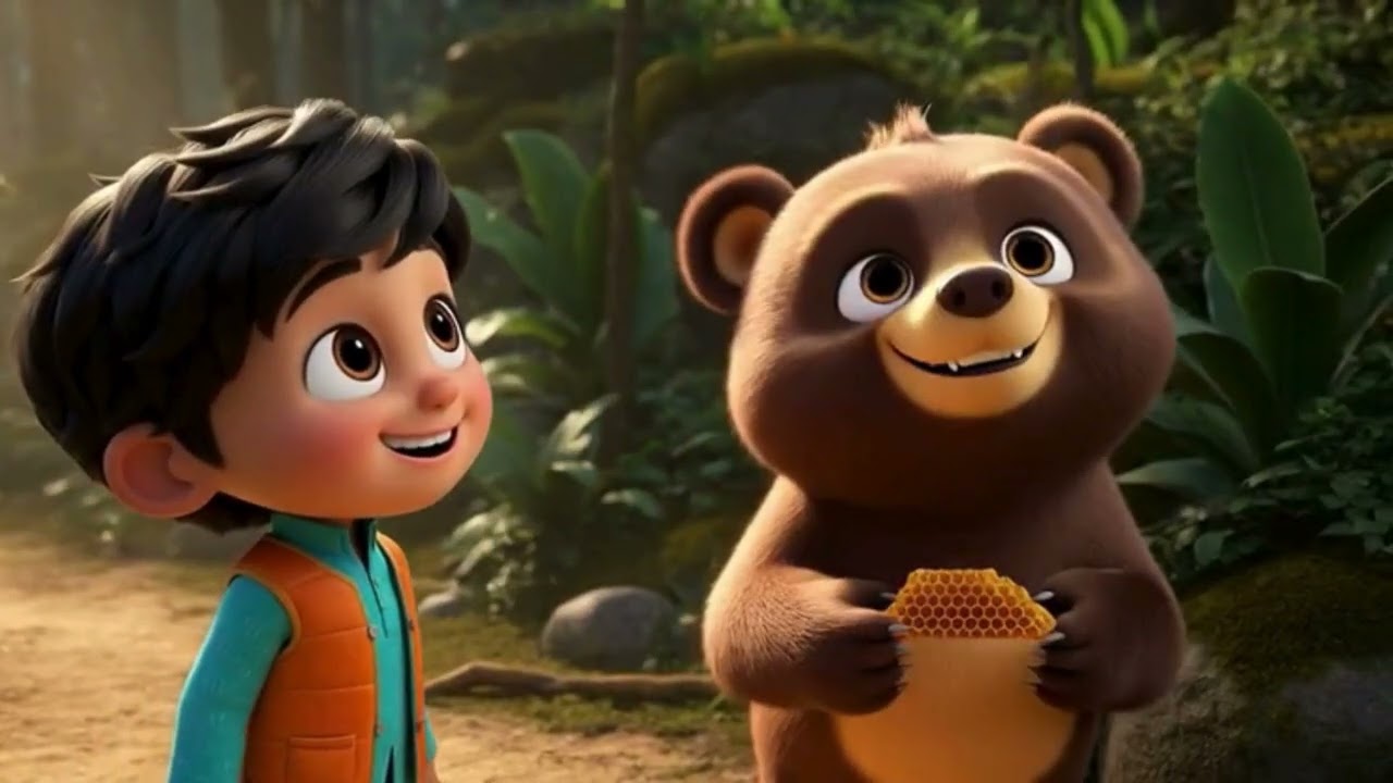 A child and a sun bear adventure into the forest to find honey