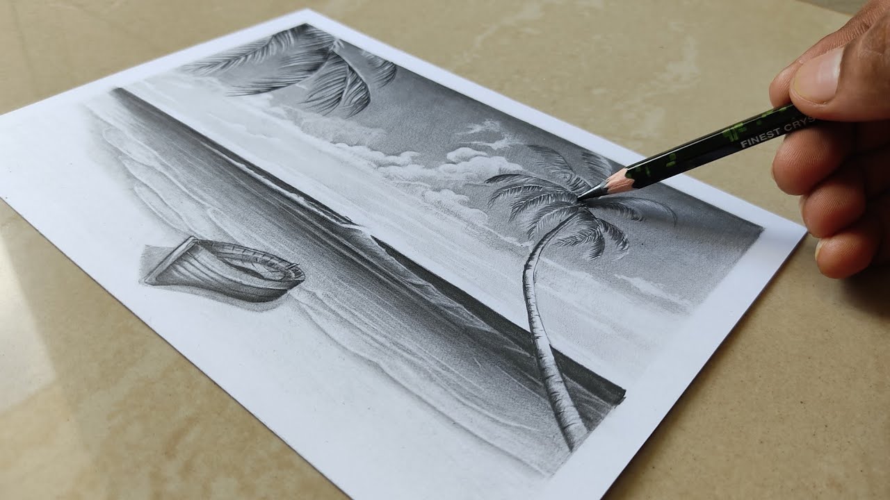 |sea beach scenery drawing | pencil drawing |