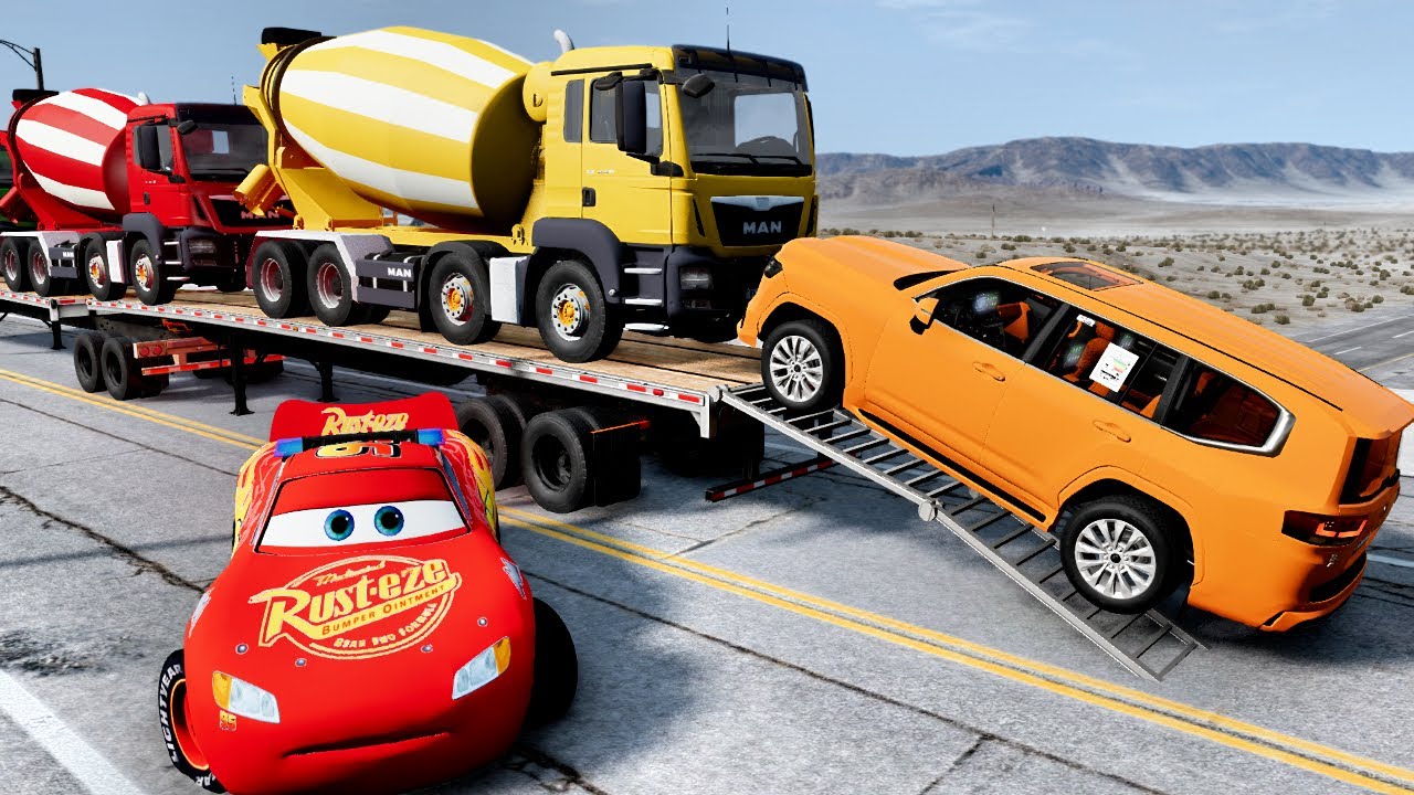Flatbed Truck Mcqueen  Transportation with Truck   Pothole vs Car #26  BeamNG Drive