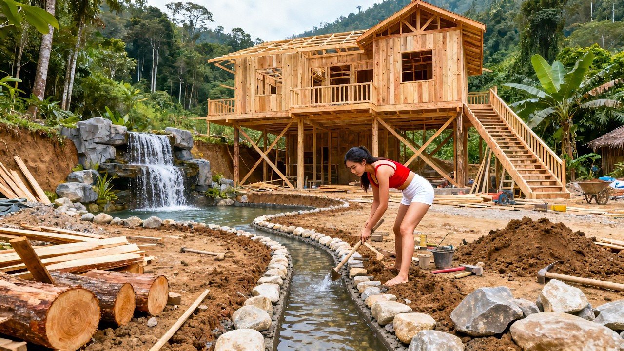 TIMELAPSE | Completing the Waterfall and Ditch for a 2 Story Wooden House | Farm Life