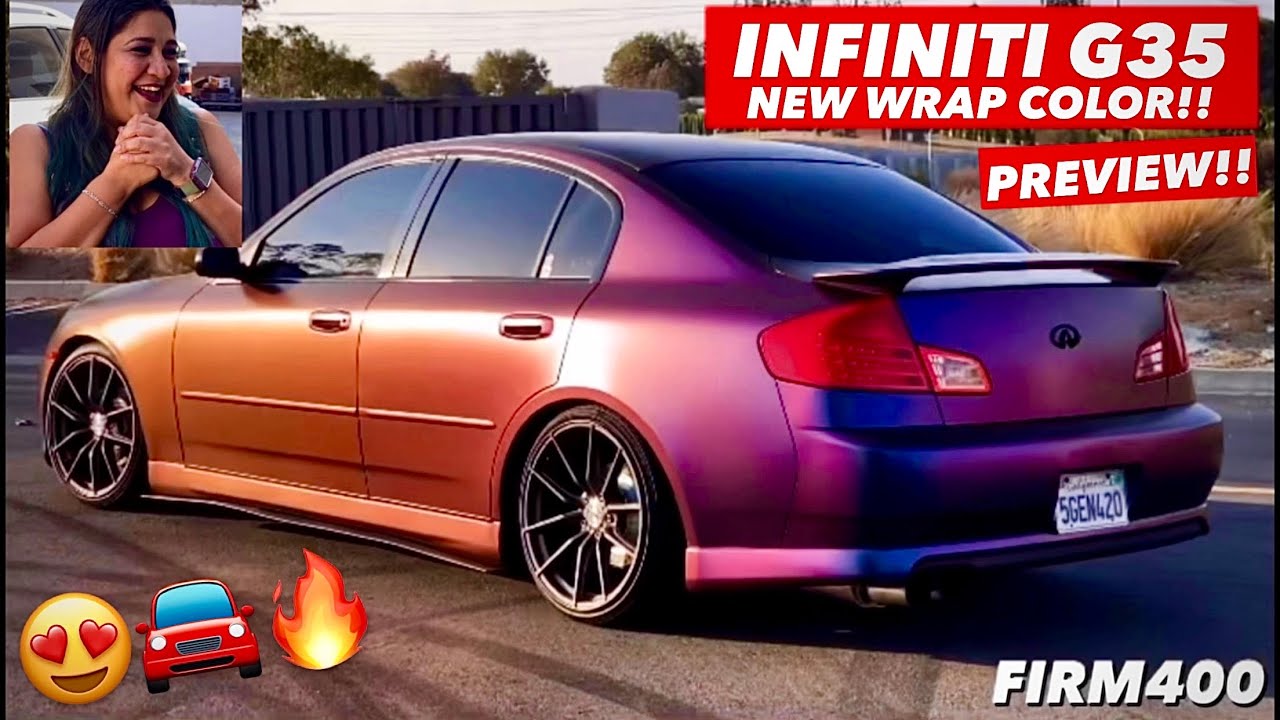 INFINITI G35 WRAP COLOR REVEAL USING AVERY SATIN RUSHING RIPTIDE CYAN PURPLE VINYL TEASER