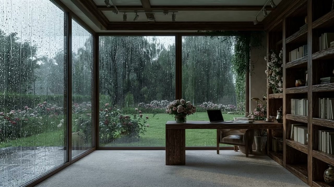 Cozy Office in Spring Rain 🌧️ Deep Focus & Slow Jazz Piano | 4K Cinematic Rain for Studying