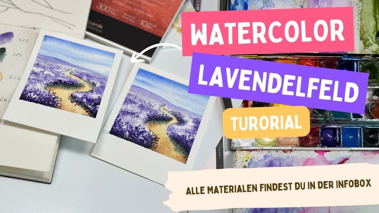 Aquarell-Landschaft Lavendelfeld | Polaroid-Stil malen (Schmincke, Hahnemühle, Da Vinci)