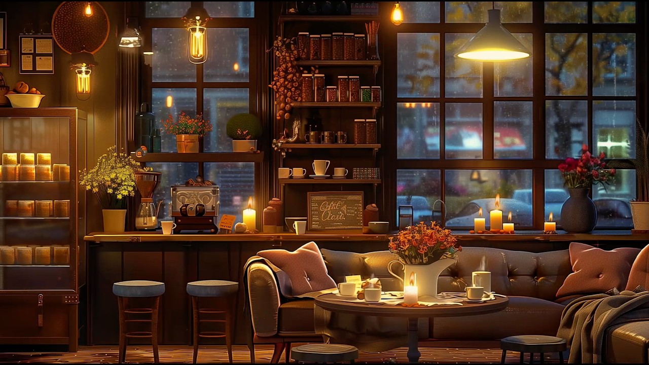 Heavy Rain and Thunder at Night | Relaxing Cafe Ambience (3 Hours)