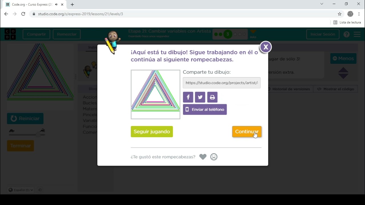 Code.org - Curso Express (2019): Etapa 21 Cambiar variables con Artista