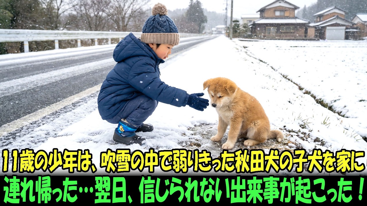 【奇跡の実話】11歳の少年は、吹雪の中で弱りきった秋田犬の子犬を家に連れ帰った…。翌日、信じられない出来事が起こった！