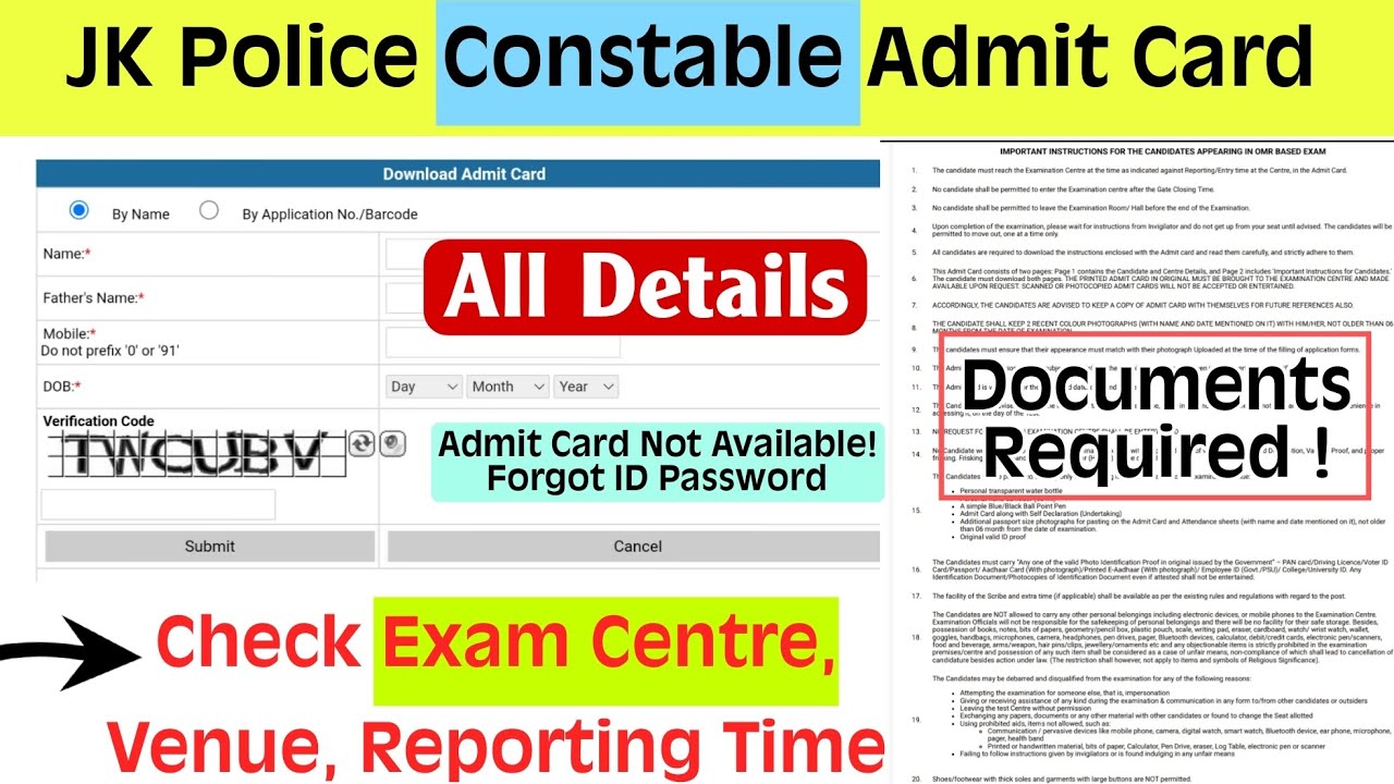 JKPolice Constable Admit Card 2024 Exam Centre Venue Reporting Time | Forgot ID Password Documents