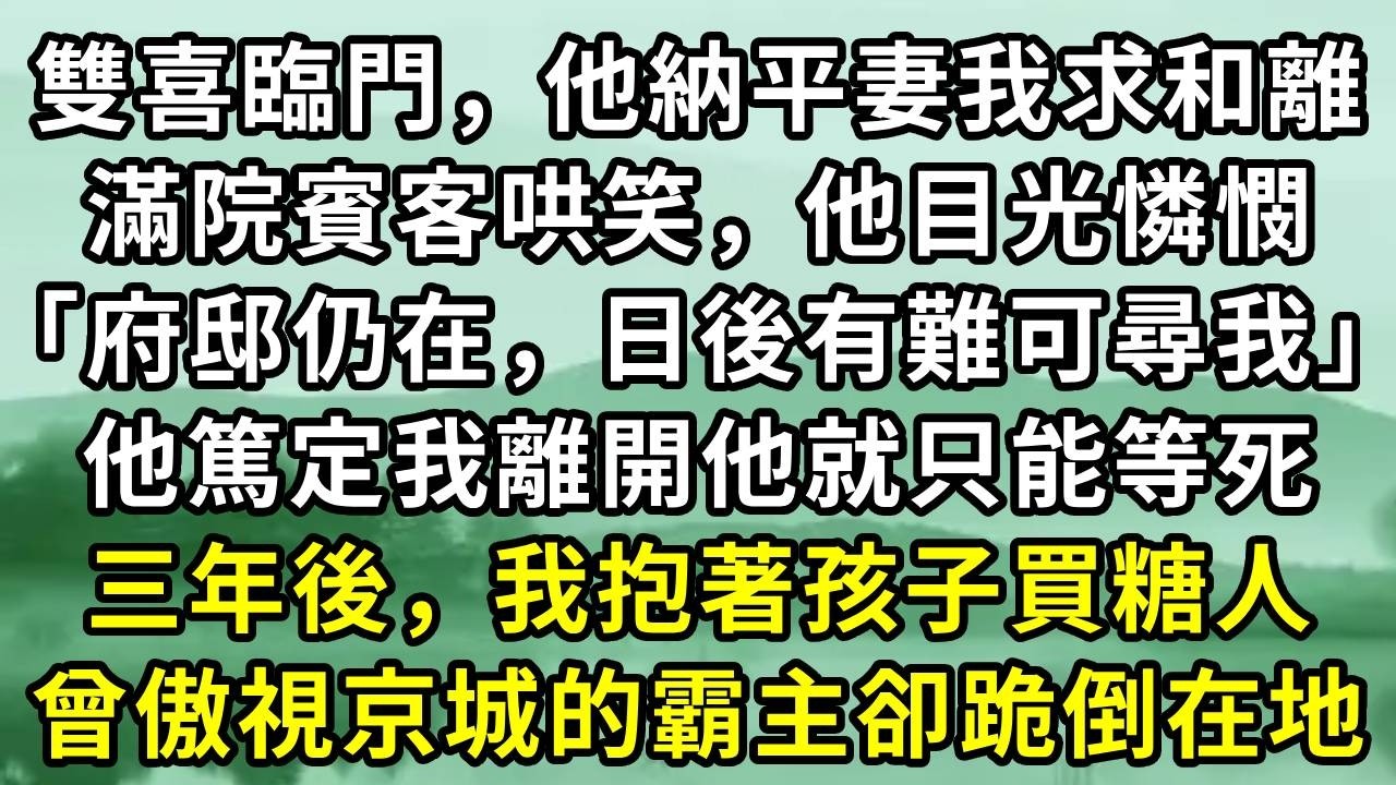 雙喜臨門，他納平妻我求和離。滿院賓客哄笑，他目光憐憫「府邸仍在，日後有難可尋我」。他篤定我離開他就只能等死。三年後，我抱著孩子買糖人。曾傲視京城的霸主卻跪倒在地#小说