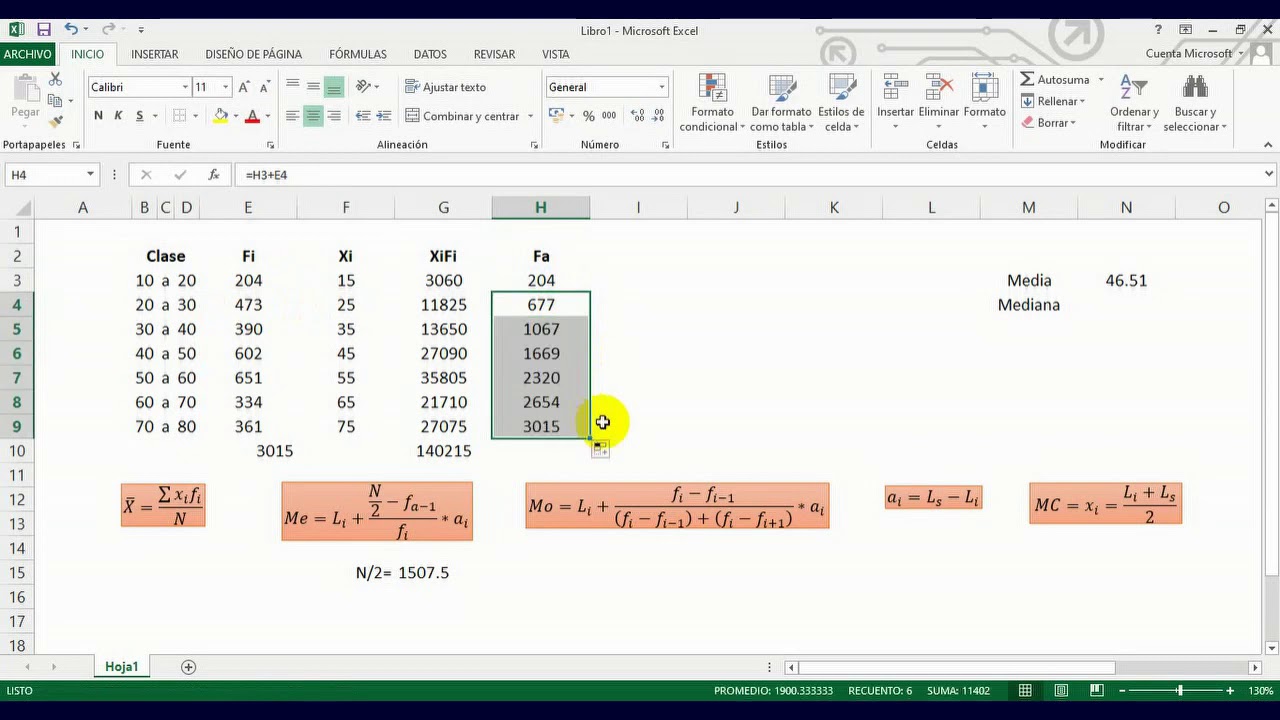 Media, mediana y moda para datos agrupados