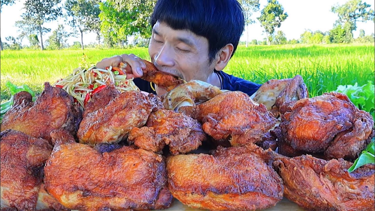ไก่ทอดส้มตำแกล้มผักสดแซ่บคักอีหลีครับพี่น้องMUKBANG EATING SHOW/โก้อีสานพาแดก