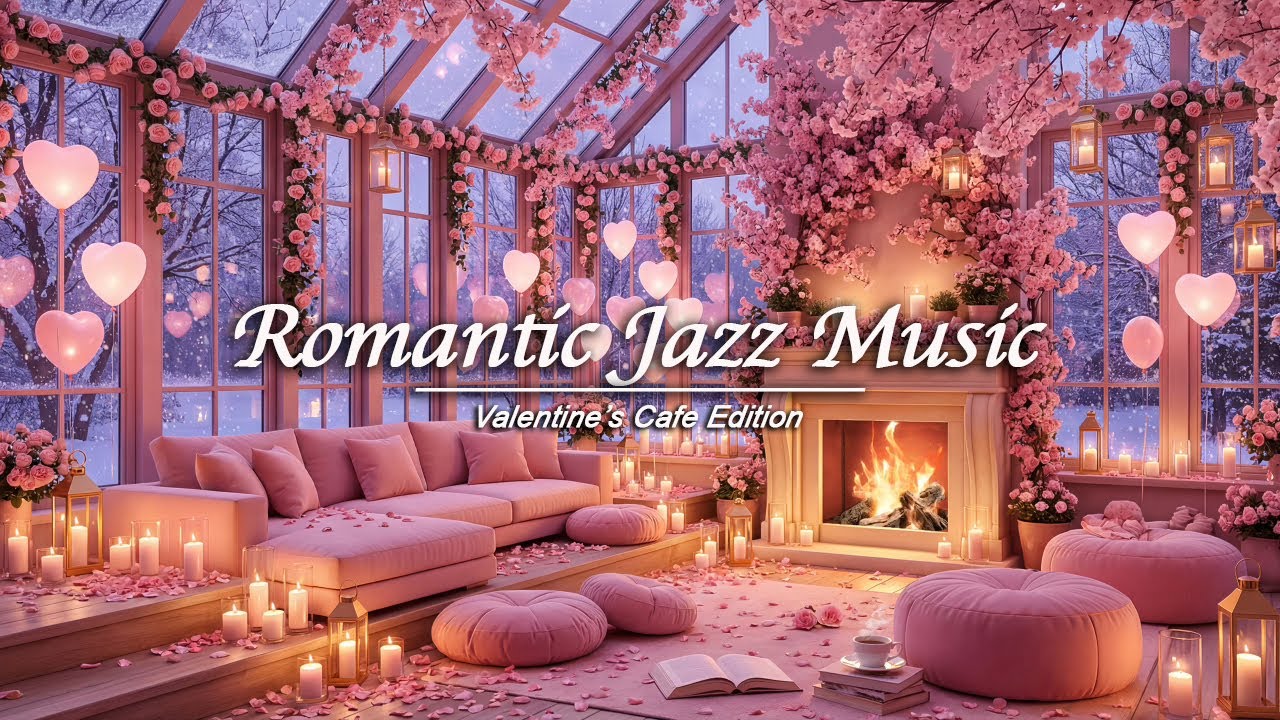 Romantic Valentine’s Coffee Shop Ambience ☕ Relaxing Jazz Music & Fireplace for Sleep, Study, Focus