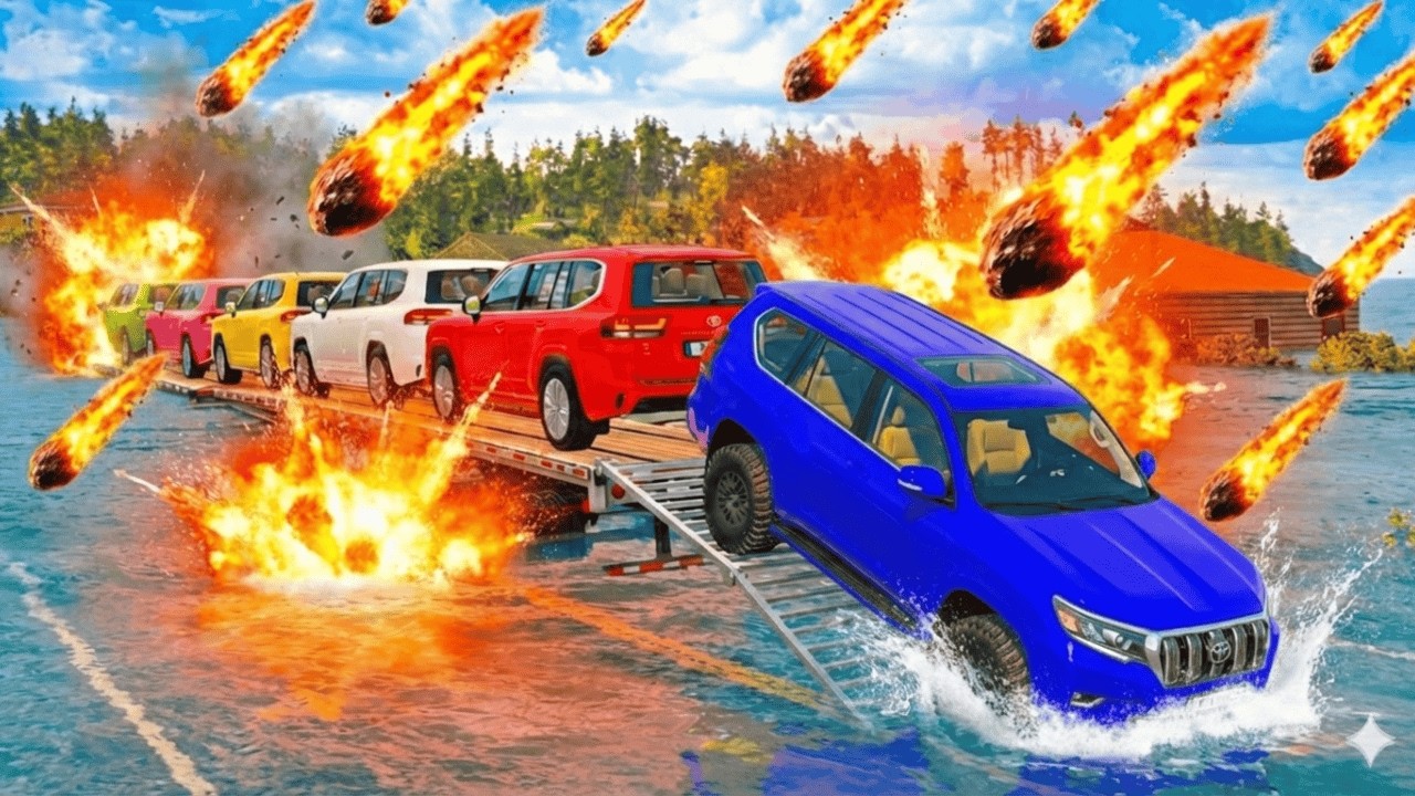 Triple Flatbed Trailer McQueen Transportation with Truck - Speedbumps vs Cars vs Train - BeamNG #24