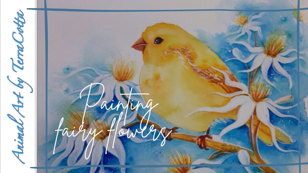 Yellow Bird and Fairy Flowers | easy watercolor bird painting tutorial