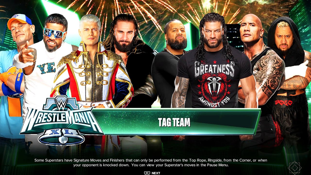Cena + Rollins + Jey + Cody vs. Roman + The Rock + Jimmy + Solo @ WrestleMania 40 | WWE 2K24