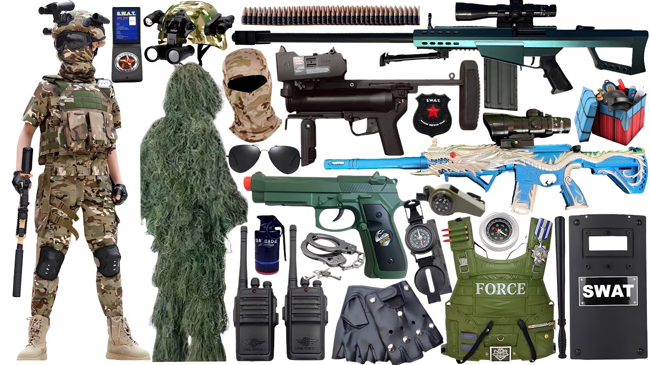 Special Forces military toy gun set unboxing, Barrett sniper rifle,M320 grenade launcher, SCAR rifle